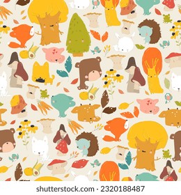 Vector Seamless Pattern with Cartoon Woodland Animals and Trees