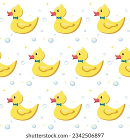 Vector seamless pattern with cartoon yellow rubber duck. Baby pattern. 
Diaper.