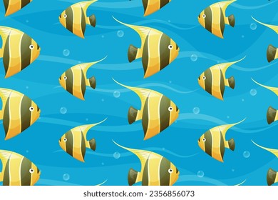 Vector seamless pattern, cartoon yellow fish in black stripe. Sea floating inhabitant, Moorish idol.