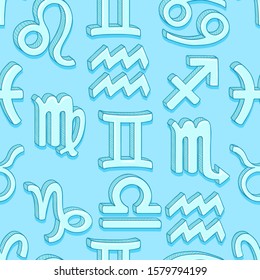 Vector Seamless Pattern of Cartoon Zodiac Signs. Blue Astrological Background.