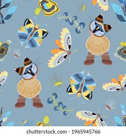 Vector seamless pattern with the cartoon-like toys made of seashells. Souvenirs, figurines of cats and butterflies, trees, flowers and grass. For kids clothing, gift wrapping, embroidery patches. 

