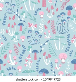Vector seamless pattern with cartoons of colorful various mushrooms. Good for scrapbooking, wrapping paper, baby textiles, fabrics, etc.