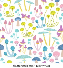 Vector seamless pattern with cartoons of colorful various mushrooms. Good for scrapbooking, wrapping paper, baby textiles, fabrics, etc.