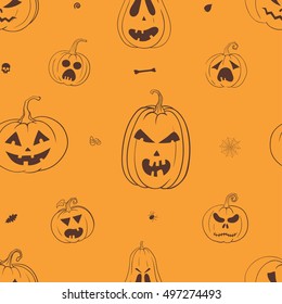 Vector seamless pattern with carved Halloween pumpkins, black and orange Halloween wrapping paper.