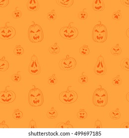 Vector seamless pattern with carved pumpkins on orange background. Bright orange wrapping paper for Halloween. 