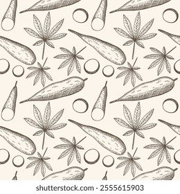 Vector seamless pattern with Cassava vegetable. Hand drawn engraved repeating background with tubers and leaves of tropical plant  Manihot esculenta. Food illustration for label, logo, card, wrapping