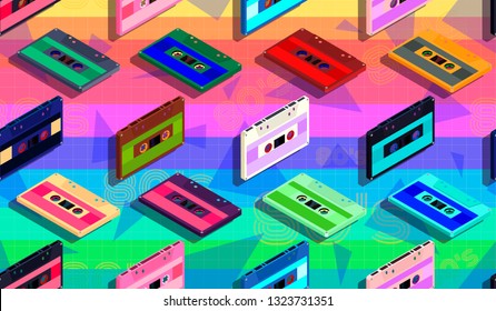 Vector seamless pattern with cassettes in isometric view on a bright rainbow background. For fashion design, printing on stationery or wall paper.