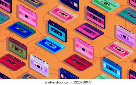 Vector seamless pattern with cassettes in isometric view on yellow background in 80s style for fashion design, printing on paper or Wallpaper.