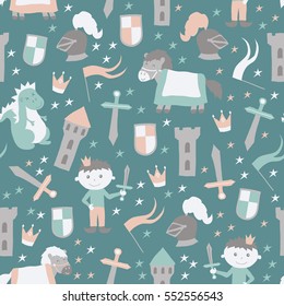 Vector seamless pattern with castle, flag, shield, horse and little prince on blue backdrop. Magic baby fairy tale background for your design, wrapping paper, wallpaper or fabric textile