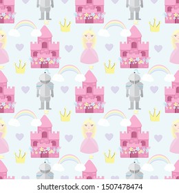 Vector seamless pattern with castle, shield, horse and little prince. Cute magic collection with fairy elements and characters. Cartoon baby background perfect for wrapping paper or fabric textile