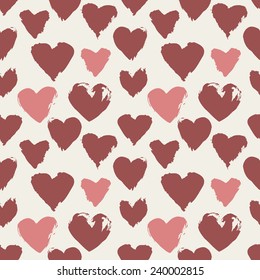 Vector seamless pattern. Casual artistic texture. Stylish print with hand drawn hearts made with brush. Pastel simple print for Valentine's Day