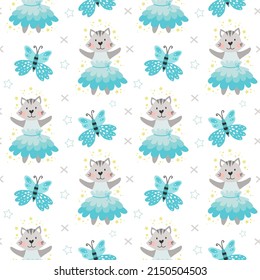 Vector seamless pattern cat ballerina and butterfly. Spring background.