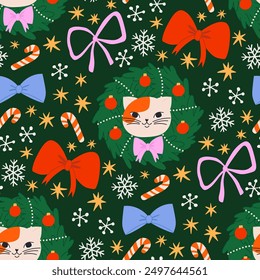 Vector seamless pattern with a cat, christmas wreath, bows, candy cane, snowflakes. Holiday cute background, wrapping paper