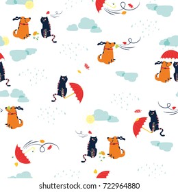 Vector seamless pattern with cat and dog, umbrella. Autumn weather.
