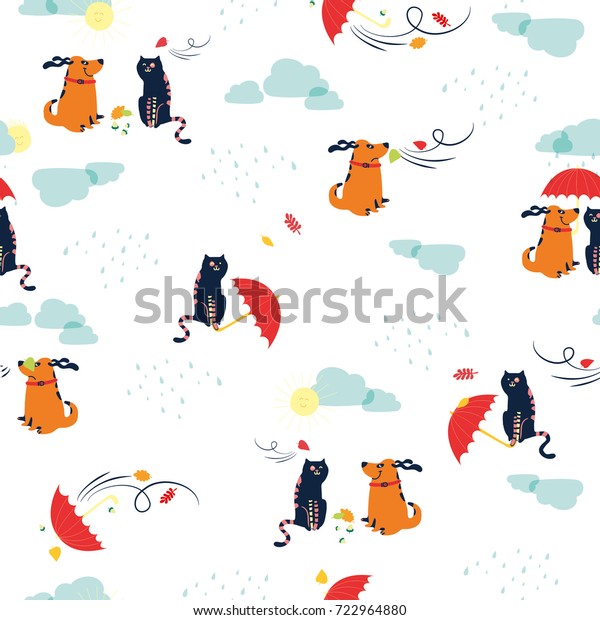 Vector seamless pattern with cat and dog,\
umbrella. Autumn\
weather.\
