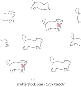 Vector seamless pattern with cat eating donut, cat walking and lazy cat. Hand drawn, isolated