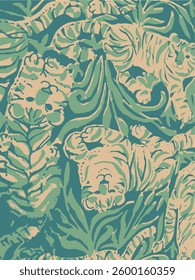 Vector seamless pattern with CAT, flowers, and tropical leaves. Trendy style.