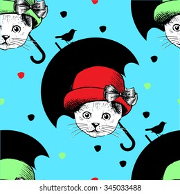 Vector seamless pattern with cat in a green hat and umbrella and bird.