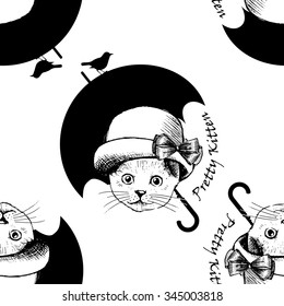 Vector seamless pattern with a cat. Kitten in a hat with umbrella and bird. White and black. Freehand drawing
