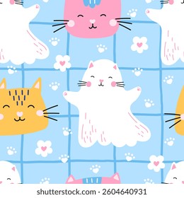 Vector seamless pattern of cat, kittens, ghost cat, paws, and flowers in pastel colors. Great for wallpapers, nursery items, and children fashion accessories