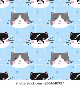 Vector seamless pattern of cat, kittens, paws, and flowers in pastel colors. Great for wallpapers, nursery items, and children fashion accessories