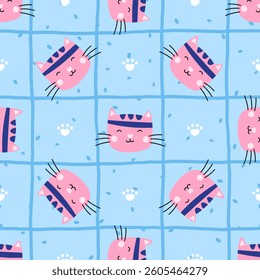 Vector seamless pattern of cat, kittens, paws, and flowers in pastel colors. Great for wallpapers, nursery items, and children fashion accessories