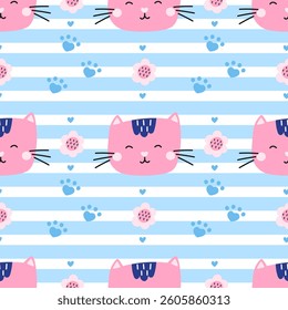 Vector seamless pattern of cat, kittens, paws, and flowers in pastel colors. Great for wallpapers, nursery items, and children fashion accessories