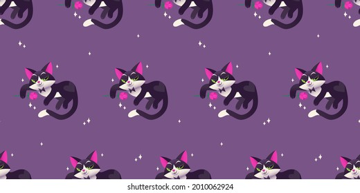 Vector seamless pattern with a cat in love for Valentine's day. Cute cat character holds a pink rose. Seamless background with love theme for gift paper, wrapping paper, wallpapers, textiles, etc.