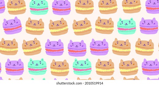 Vector seamless pattern with cat macarons isolated on white. Kids doodle illustrations. kids unisex textile design, baby textile design with sweets, cats