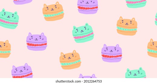 Vector seamless pattern with cat macarons isolated on pink. Kids doodle illustrations. kids unisex textile design, baby textile design with sweets, cats
