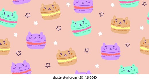 Vector seamless pattern with cat macarons, stars isolated on pink. Kids doodle illustrations. kids unisex textile design, baby textile design with sweets, cats