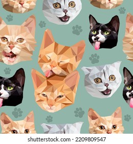 Vector seamless pattern of cat muzzle face. Set different kitten breed. Kids poster on blue background with many paws. Isolated polygonal low poly graphic. 