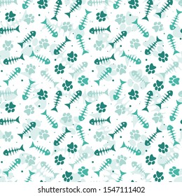 Vector seamless pattern with cat paw prints and fish skeletons. Cute pets background for package, fabric, wallpaper, wrapping paper, labels, web design.