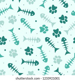 Vector seamless pattern with cat paws and fishes on light mint background. Perfect for wrapping paper or fabric.