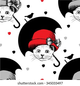 Vector seamless pattern with cat in a red hat and umbrella and bird.