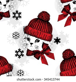 Vector seamless pattern with cat in a red cap and scarf. Happy New Year. Winter, holiday, snowflake. Christmas.