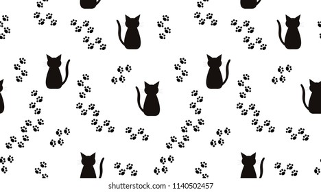 Vector seamless pattern with cat silhouettes and traces of cat paws. Graphic seamless texture with cats. Black and white texture