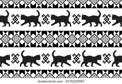 Vector seamless pattern with cat silhouettes and tribal geometric motifs. Monochrome design. Use this pattern for creating pet themed designs, textile prints, packaging, and more. Perfect for cat love