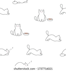 Vector seamless pattern with cat sitting beside her meal, lazy cat and cat walking. Isolated, outlined. White background