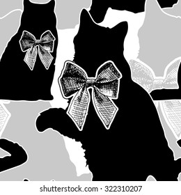 Vector seamless pattern with cat. White, grey, black. 