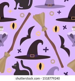 Vector seamless pattern with cat, witch hat, broom, potion and bat on a purple background.