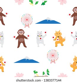 Vector seamless pattern of cat,fox,monkey,mountain and ferris wheel.