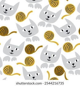 Vector seamless pattern with cats and balls of wool