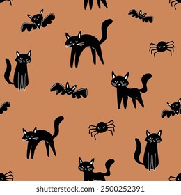 Vector seamless pattern with cats and bats. Cute halloween pattern in hand drawn cartoon style. Magic illustration with spiders, black cats, bats