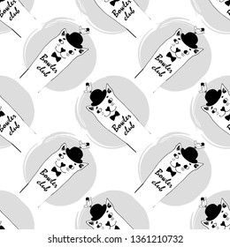 Vector seamless pattern with cats and birds. Hand drawn illustration of kitten and birdie with bowler hat. 2
