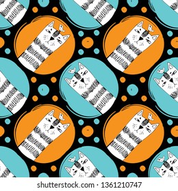 Vector seamless pattern with cats and birds. Hand drawn illustration of kitten and birdie. 3
