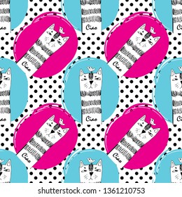 Vector seamless pattern with cats and birds. Hand drawn illustration of kitten and birdie. 4