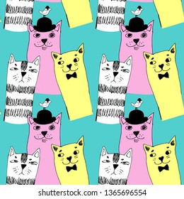 Vector seamless pattern with cats and birds. Hand drawn illustration of kitten and birdie with bowler hats. 3