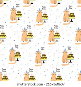 Vector seamless pattern with cats and birthday cakes. Hand drawn flat illustration and Happy Bday lettering. Great for wrapping paper.