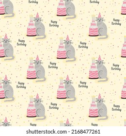 Patrón vectorial sin fisuras con gatos y pasteles de cumpleaños. Ilustración plana dibujada a mano y letras de cumpleaños feliz. Ideal para envolver papel.